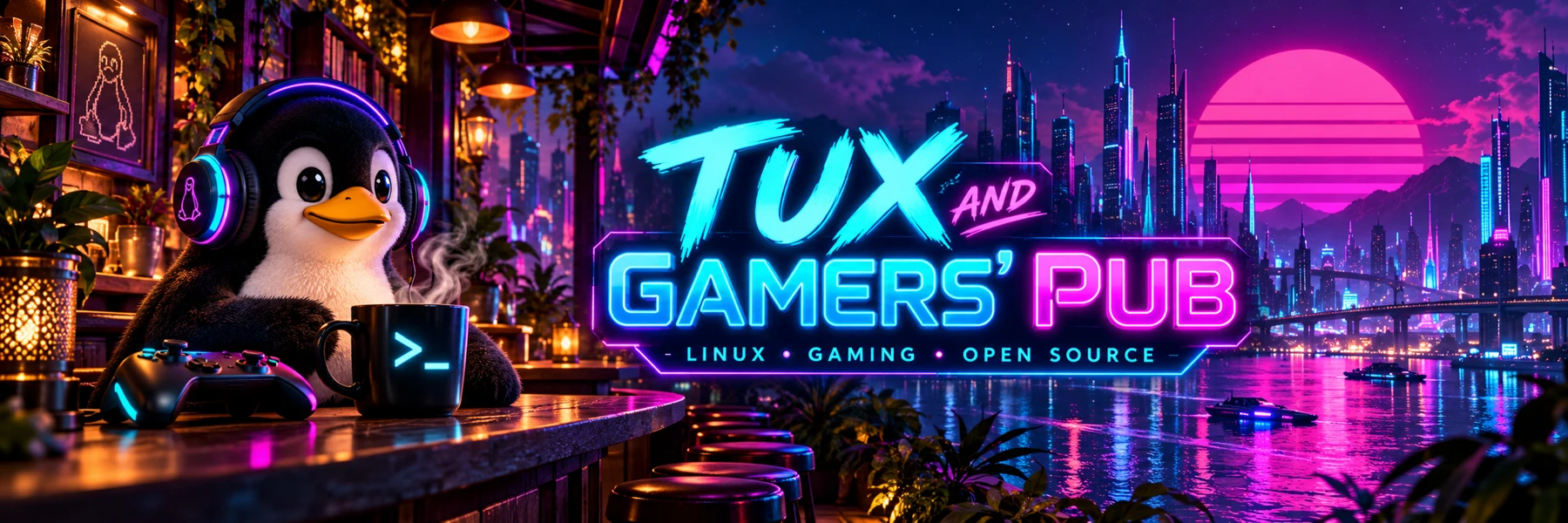 Tux and Gamers' Pub: a neon coffee pub overlooking a synthwave city. Linux, gaming, open source.